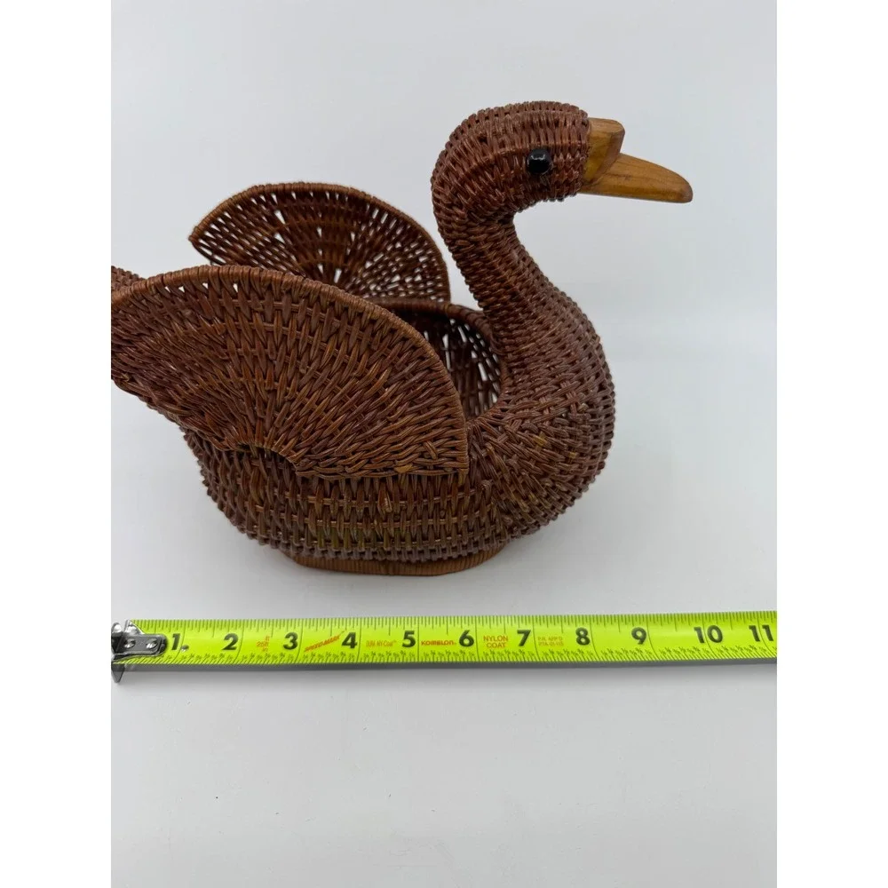 Vintage Wicker Duck Swan Basket Brown Hand Woven Animal Figural Decor 10 Inch